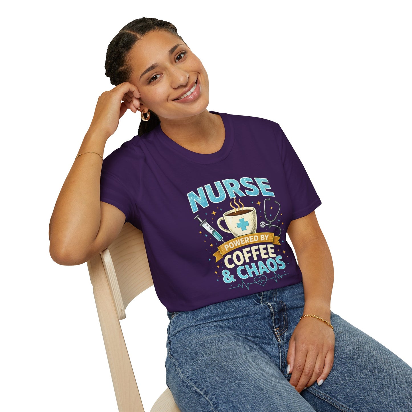 Nurse Powered by Coffee & Chaos Shirt, Funny Nurse Tee, RN CNA Gift, Nurse Life Graphic T-Shirt, Medical Worker Gift, Cute Nursing Shirt for Women Men