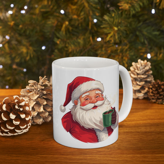 Santa enjoying Hot Chocolate Mug – Cute Holiday Coffee Cup, Festive Santa Ceramic Mug, Christmas Gift Idea (11oz/15oz)